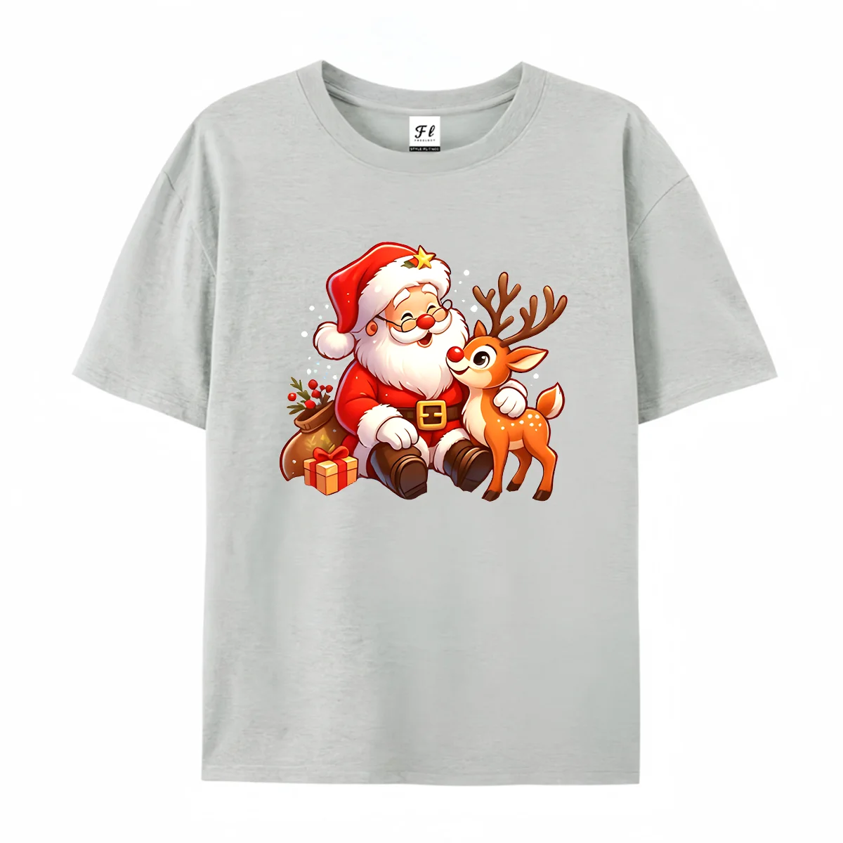 Women Round Neck T Shirt Santa Reindeer 3D Cartoon Graphic Tee Casual Short Sleeve Tops Cute Christmas Holiday Style Summer Wear