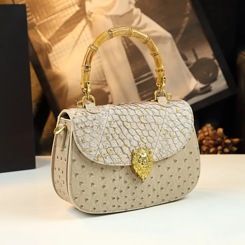 Bamboo Handle Saddle Bag for Women Genuine Leather Ostrich Print Crossbody Shoulder Purse Unique Designer Vintage Style