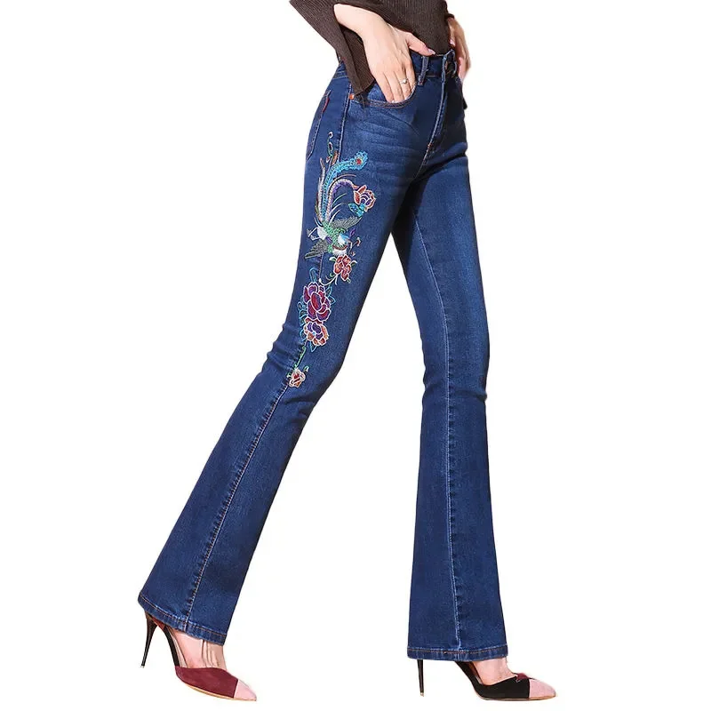 

Embroidery Flare Jeans Women Elasticity Bell-Bottoms Jeans For Girls Light Blue Trousers Large Size Female Casual Denim Pants