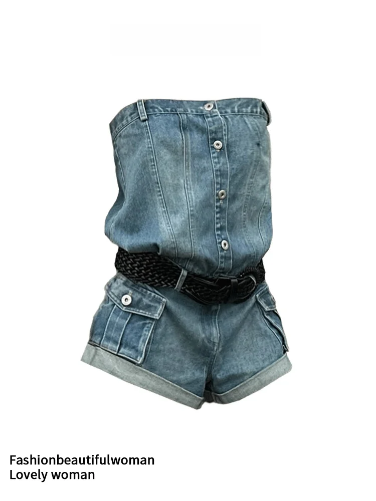 Blauwe denim ort broek dames zomer nieuw ontwerp sensatie eendelig overall orts broek met rechte pijpen pendelen sle andere ma...