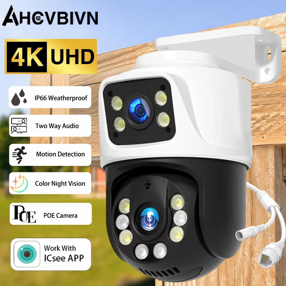 

iCSee 4K 8MP HD POE PTZ-камера для улицы с двумя объективами и двумя экранами, IP-камера с функцией обнаружения людей, аудио- и видеонаблюдение P2P