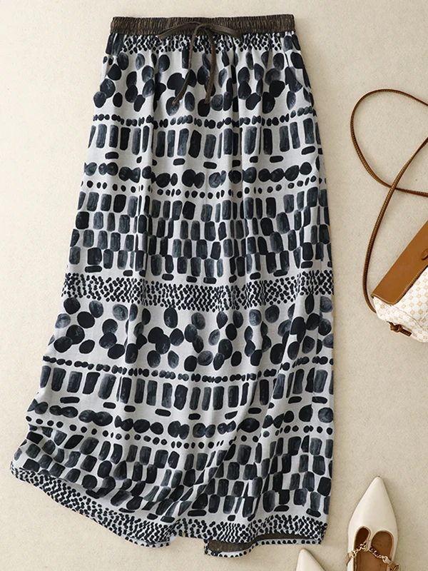 

Retro Floral Print Cotton Linen Loose Casual Lightweight A-Line Long Skirt plus Size Women's Summer New Style Half-length Skirts