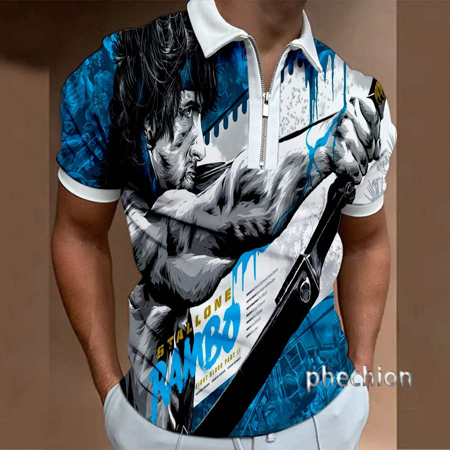 Phechion New Fashion Men's Rambo Funny 3D Print Polo Shirt Men's Short Sleeve Lapel Zip Slim Fit Polo Shirt