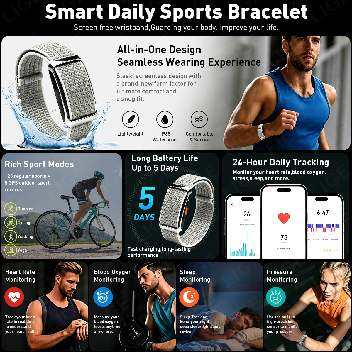 No Screen Health Smart Bracelets Men Heart Rate Blood Pressure IP68 Waterproof Smart Band Sports Fitness Tracker Smart Watch Men