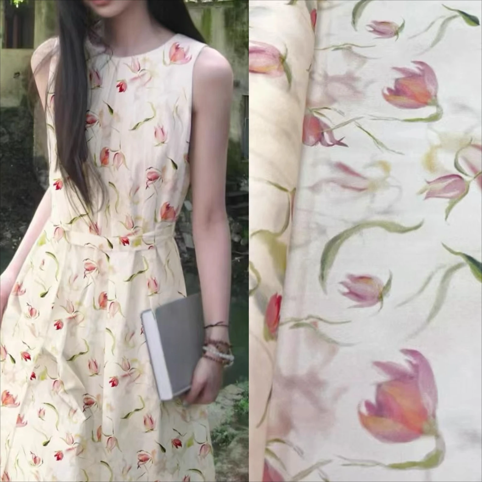 

140CM Wide 19MM Stretch Silk Fabric for Tulips Printed Summer Comfortable Dress Horse-faced Skirt Pants Sewing Material R2097