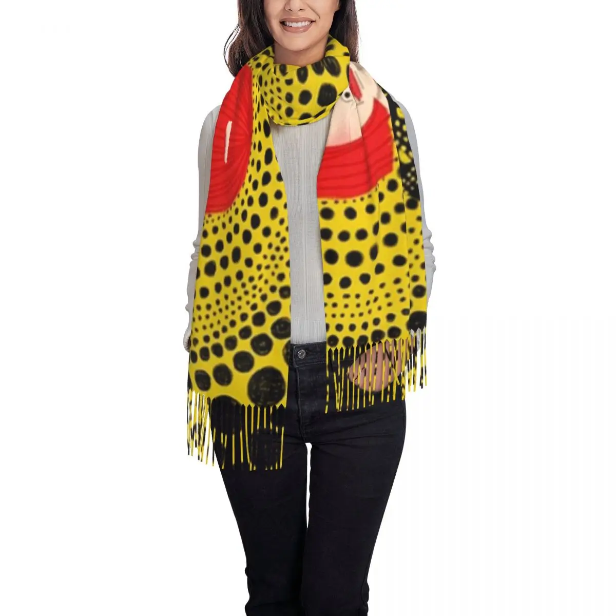 Yayoi Kusama Aesthetic Tassel Scarf Women Soft Pumpkin Art Dots Shawl Wrap Lady Winter Scarves