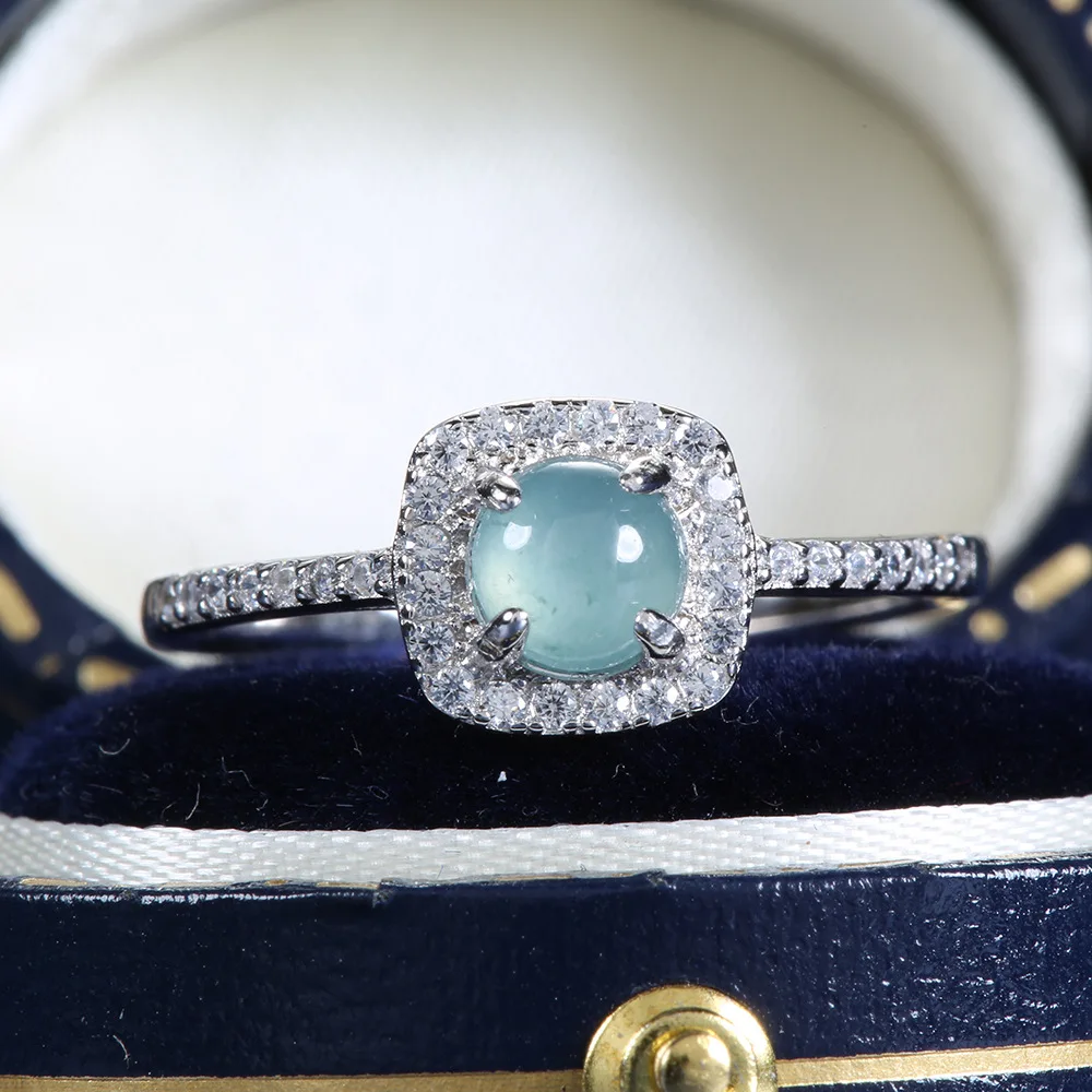 

18K Gold Inlaid Natural Hazardous Material Blue Water Jadeite Square Bag Ring Summer Fresh Platinum PT950 Diamond Ring