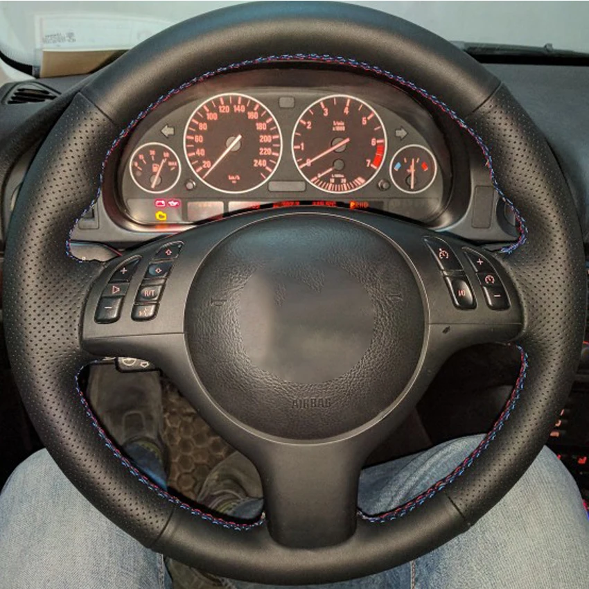 Black Faux Leather Car Steering Wheel Cover for BMW M Sport 3 Series M3 E46 5 Series M5 E39 2000-2006