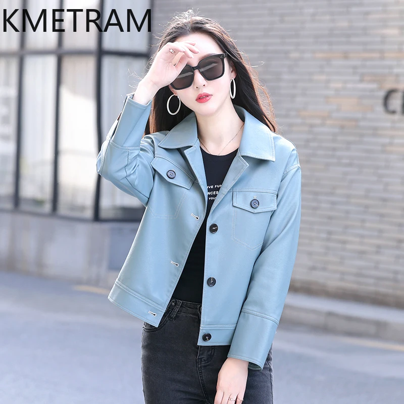 Kmetram echte Schaffell Lederjacke Frauen Frühling Herbst kurze Damen bekleidung dünne Motorrad Damen mantel 2024 Slim Fit