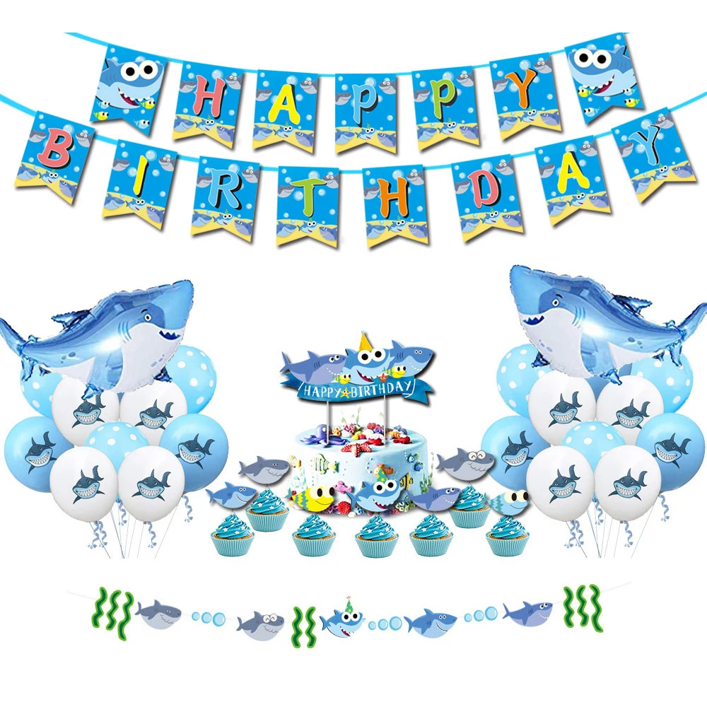 Cute Ocean Shark Theme Swirl Hanging Birthday Banner Cake Topper Balloon for Kids Under The Sea Birthday Baby Shower Party Decor