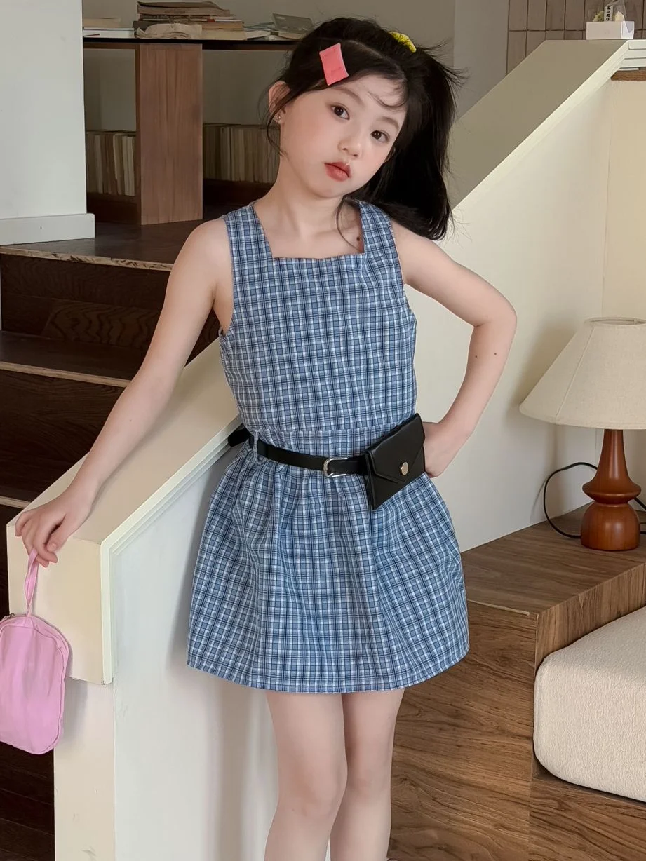 女の子チェック柄ノースリーブウエストシンチングサマードレス韓国カレッジスタイルベストスカート子供服スイートスタイルショートスカート