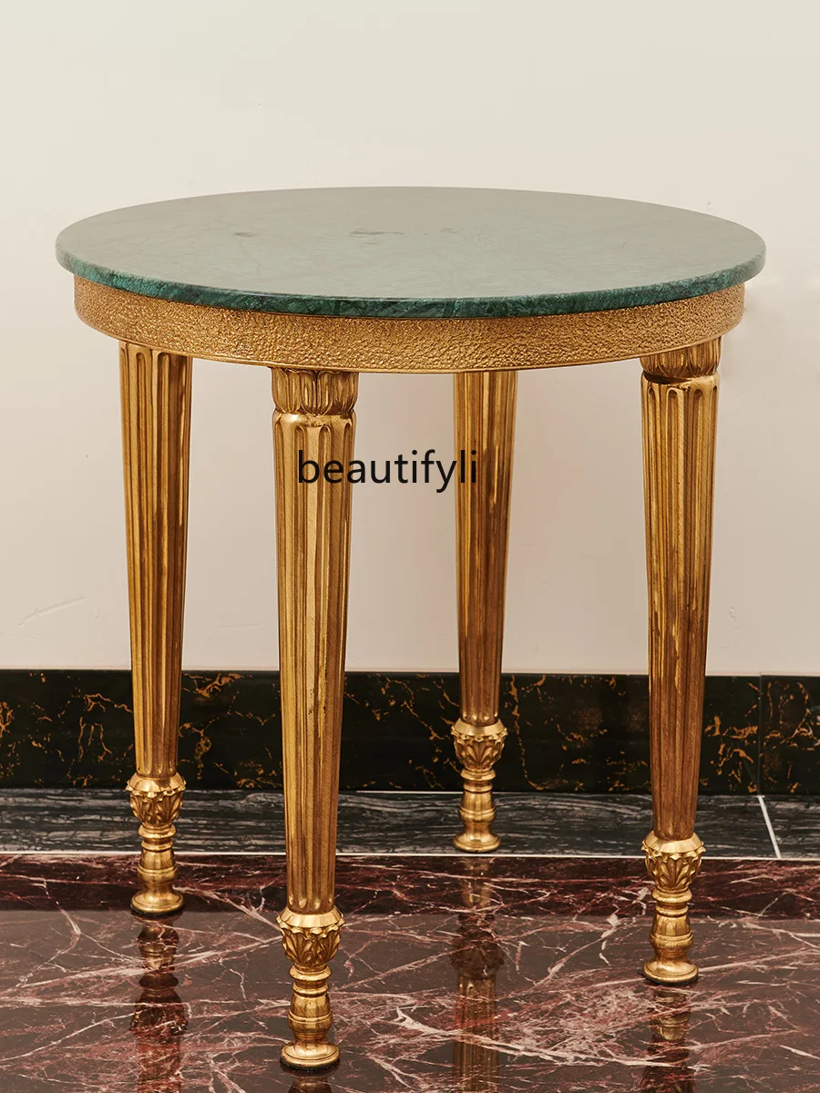 French European Luxury Retro Simple Copper Big Flower Green Stone Table Side Table Corner Table