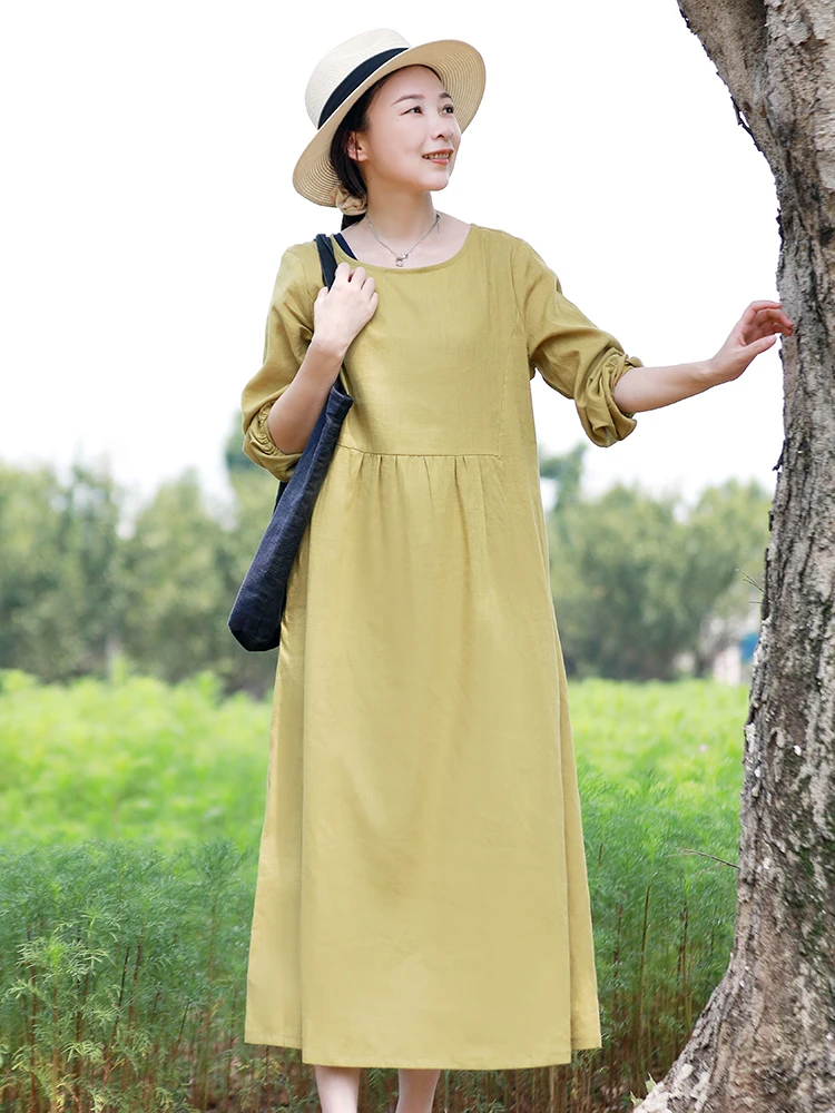 

Льняное платье-халат из хлопка и льна для женщин больших размеров, свободного кроя, однотонное, весна-осень, в стиле Artistic Sle