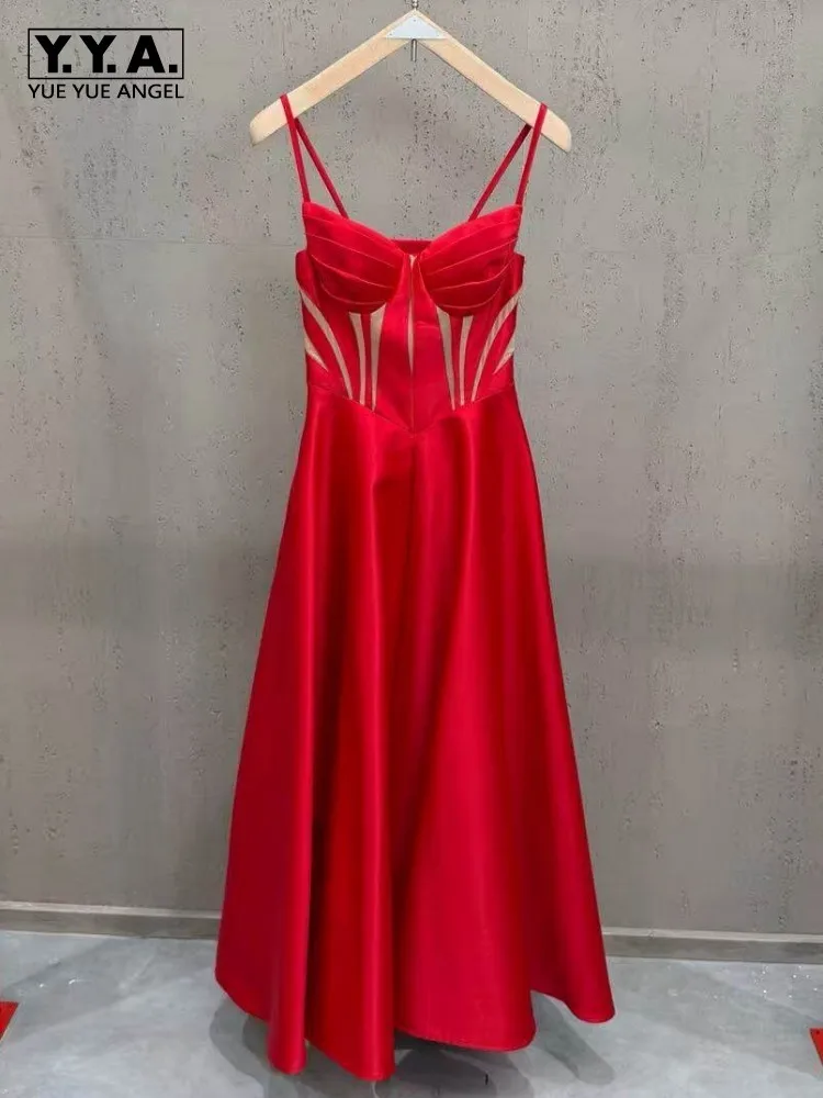 Summer Elegant Banquet Party Women Long Dress Sexy Sleeveless Fashion Spliced High Waist Spaghetti Strap A Line Dresses Female