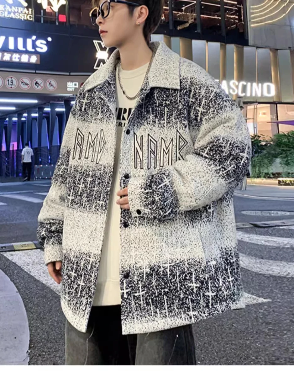 2025 Autumn Winter New Green Gradient Print Men's Jacket Gray Fleece Lined Thickened Fake Two-Piece Hooded Cotton Coat