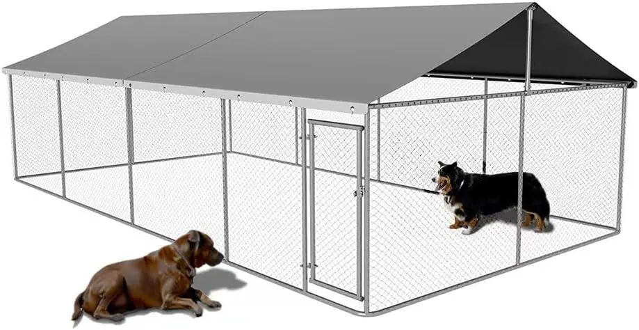 Outdoor Dog Enclosure Heavy Duty Dog Kennel House Mesh Dog Big Cage Pet Kennel Steel Fence with Secure Lock(19.68'*9.84')