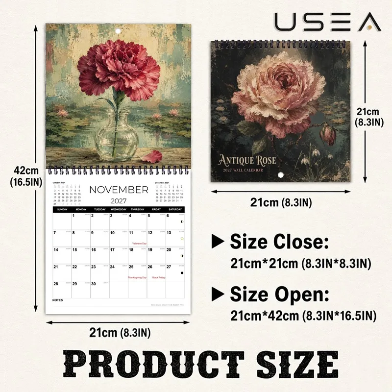 2027 Wall Calendar,Hanging Antique Rose Botanical Floral Calendar,US Holidays & Moon Phases,Aesthetic Boho Farmhouse Decor& Gift