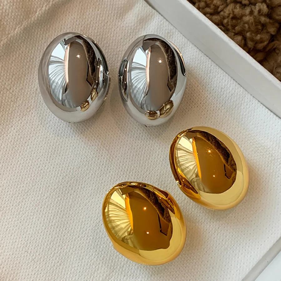 Exaggerated Elliptic Large Sphericity Metal Earrings for Women Retro Gold Silver Color Smooth Chunky Earrings Party Jewelry Gift