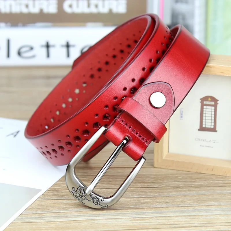 ファッショナブルな赤い革ベルト女性の純粋な牛革ノーパンチングシンプルマッチジーンズ装飾ベルトエレガントなスタイル合金バックル