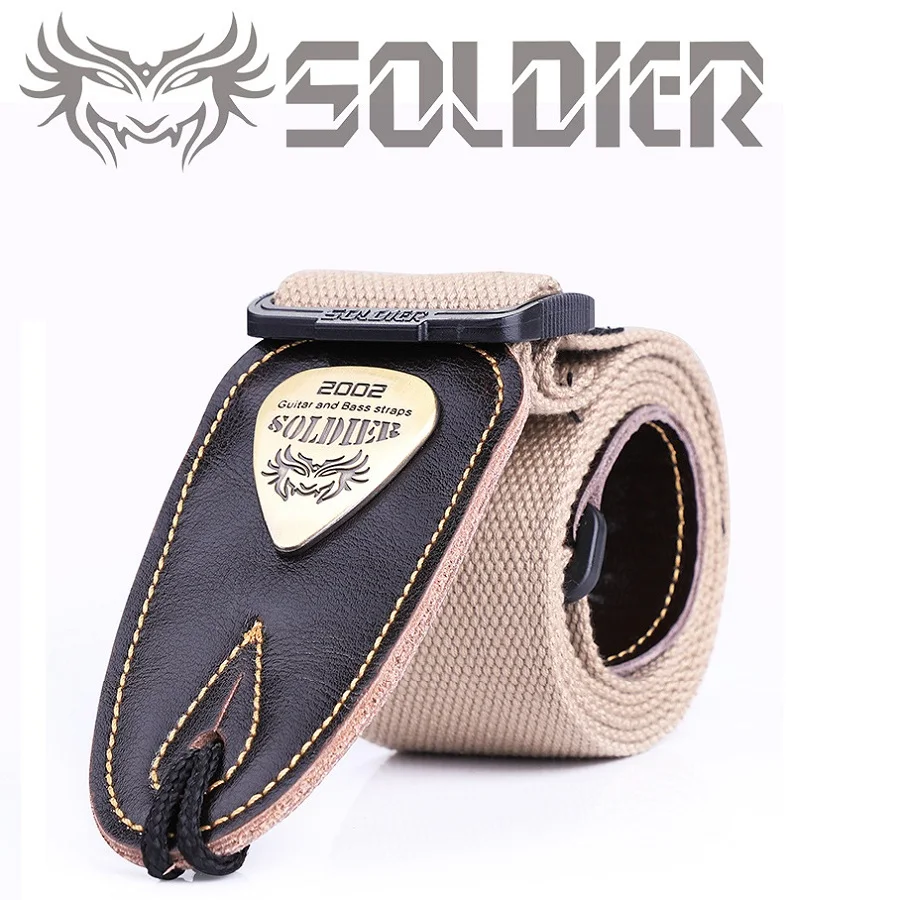 Soldier Acoustic Electric Bass Guitar Strap Black Leather Ends Shoulder Belt Personalized Metal LOGO Straps Guitar Accessories