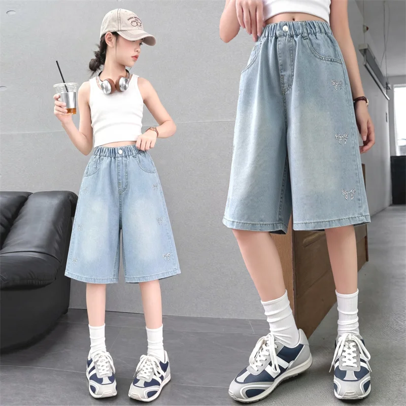 Kids Summer High Waist Jeans Shorts with Butterfly Heavy-Duty Hot-Fix Rhinestones for Girl Child Denim Shorts Fashion Pants 5-14