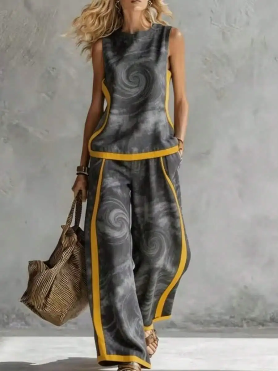 

Womens Sleeveless Top And Wide Leg Pants Two Piece Set Dark Grey Spiral Print Yellow Trim