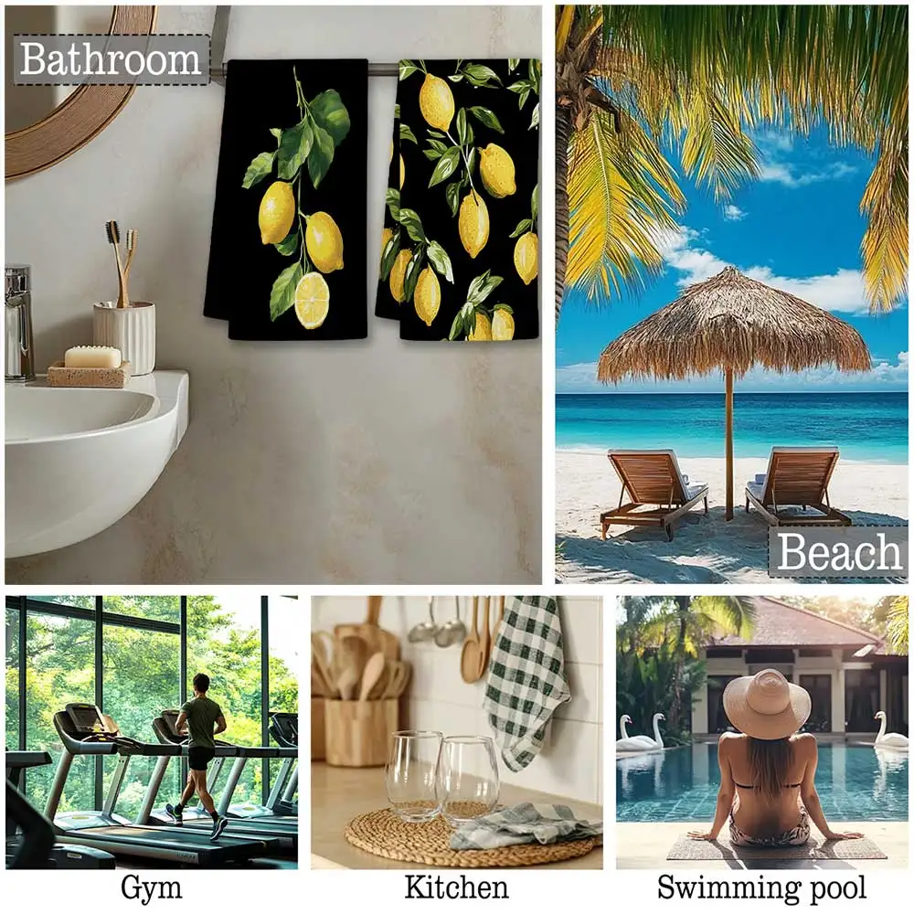 Jit 2pcs Black Background Lemon Fruit Pattern Dish Towels For Home Kitchen Summer Decor