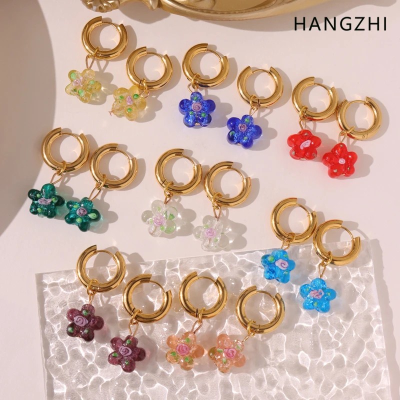 

HANGZHI Colorful Crystal Glass Dangles Earrings For Women Girls Gold Color Hoop Delicate Beach Party Jewelry Gifts 2022 INS New