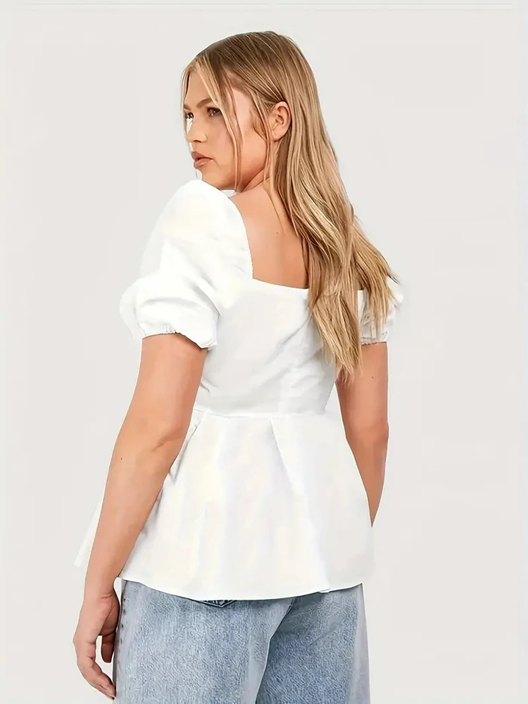 Mugen informal-Blusa de manga corta para mujer, camisa fruncida de cuello cuadrado, Color sólido, talla grande, ropa de verano, Color blanco