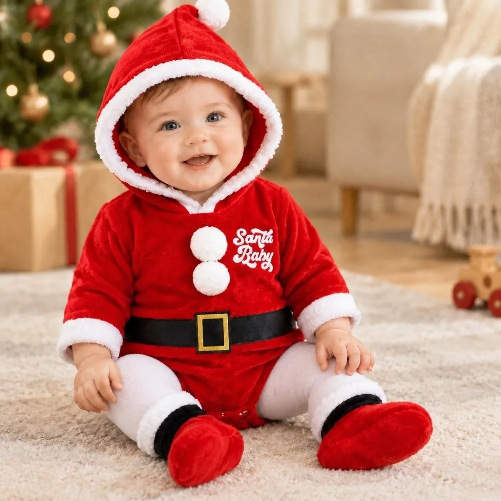 Soft Velvet Santa Claus Costume with Socks Set Long Sleeve Baby Jumpsuit Outfit Hooded Design Hooded Rompers Costume For Boys