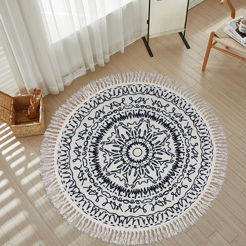Vintage Soft Bedroom Carpet Living Room Round Rug Bedside Tassel Floor Bedside Mat Kid Play Rug Ethnic Anti-skid American Rugs