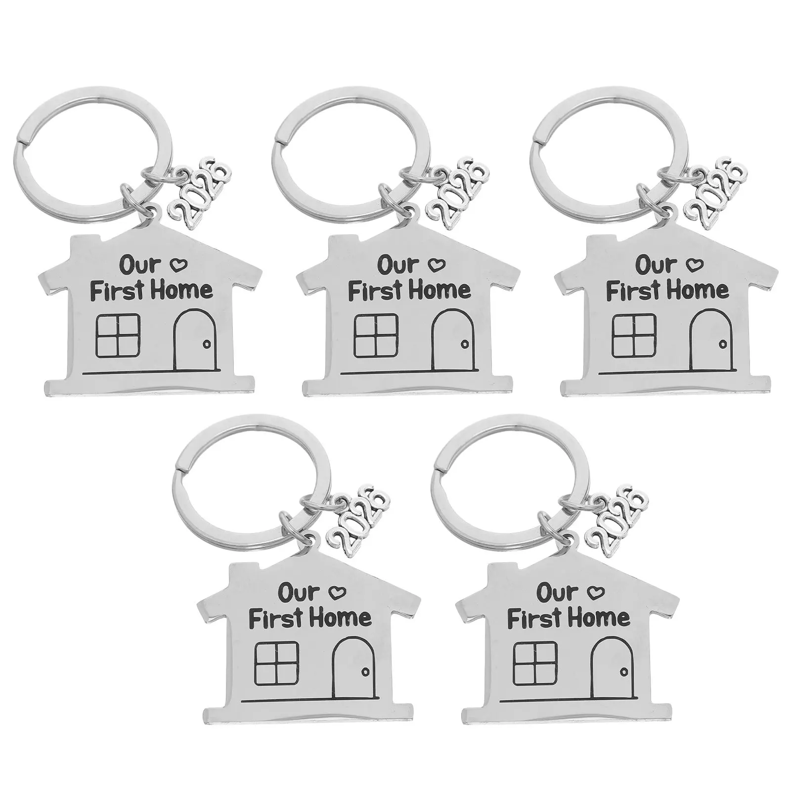 5Pcs Housewarming Keychain Stainless Steel New Home Keepsake Shaped Keyring Bag Hanging Ornament Our First Home Gift