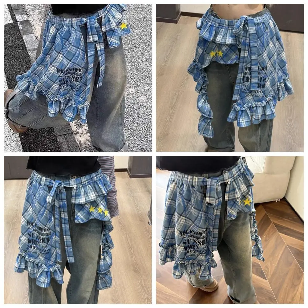 

Jeans Pants Decor Personalized Lace Mini Skirt Irregular See Through Lace Up Ruffles Skirt Lace-up Design Harajuku Ruched Skirts