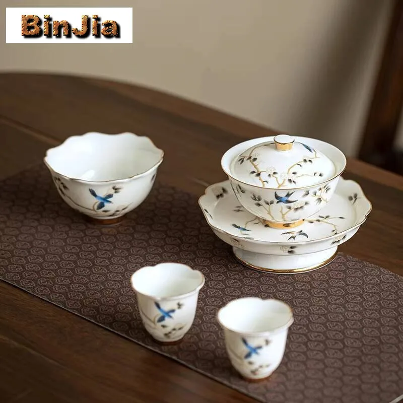 

Sheep Fat Jade Dehua White Porcelain Kung Fu Tea Set Flower And Bird Cover Bowl Master Cup Household Making Gaiwan Teaware Craft