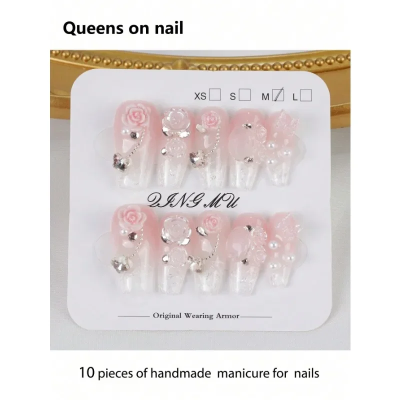 10pcs Pure Handmade press on Nails Long Style/Rose Decoration/Butterfly Sparkling Rhinestones/Pearls, Symbol Of Friendship