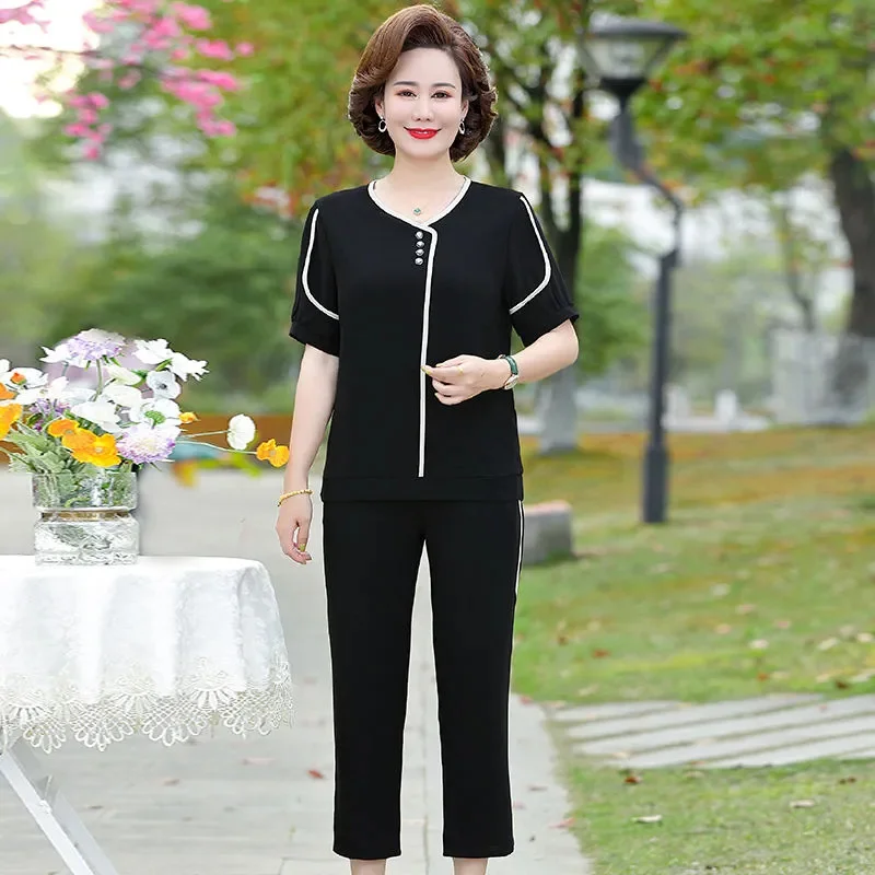 2023 Middle-Aged Mother Summer Fashion Leisure Two-Piece Suit 40 Years Old 50 Years Old Wide Wife Simple Western Style Slim Suit