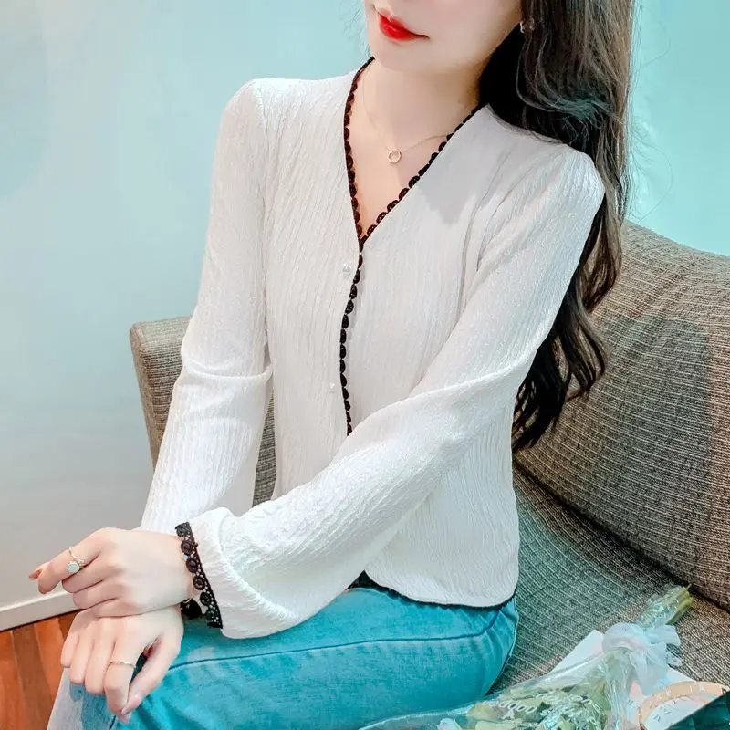 봄 가을 V 넥 긴 소매 대비 패치 워크 우아한 블라우스 솔리드 루즈 빈티지 셔츠 탑 캐주얼 패션 여성 의류