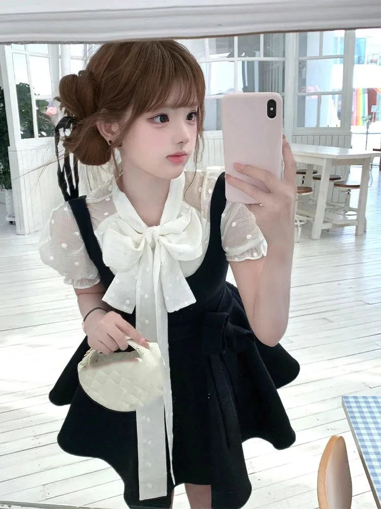 مجموعة ملابس نسائية يابانية حلوة مكونة من قطعتين فستان قصير سهل الارتداء ​ + بلوزة صيفية بفيونكة منقطة Y2k بدلة Jk جمالية