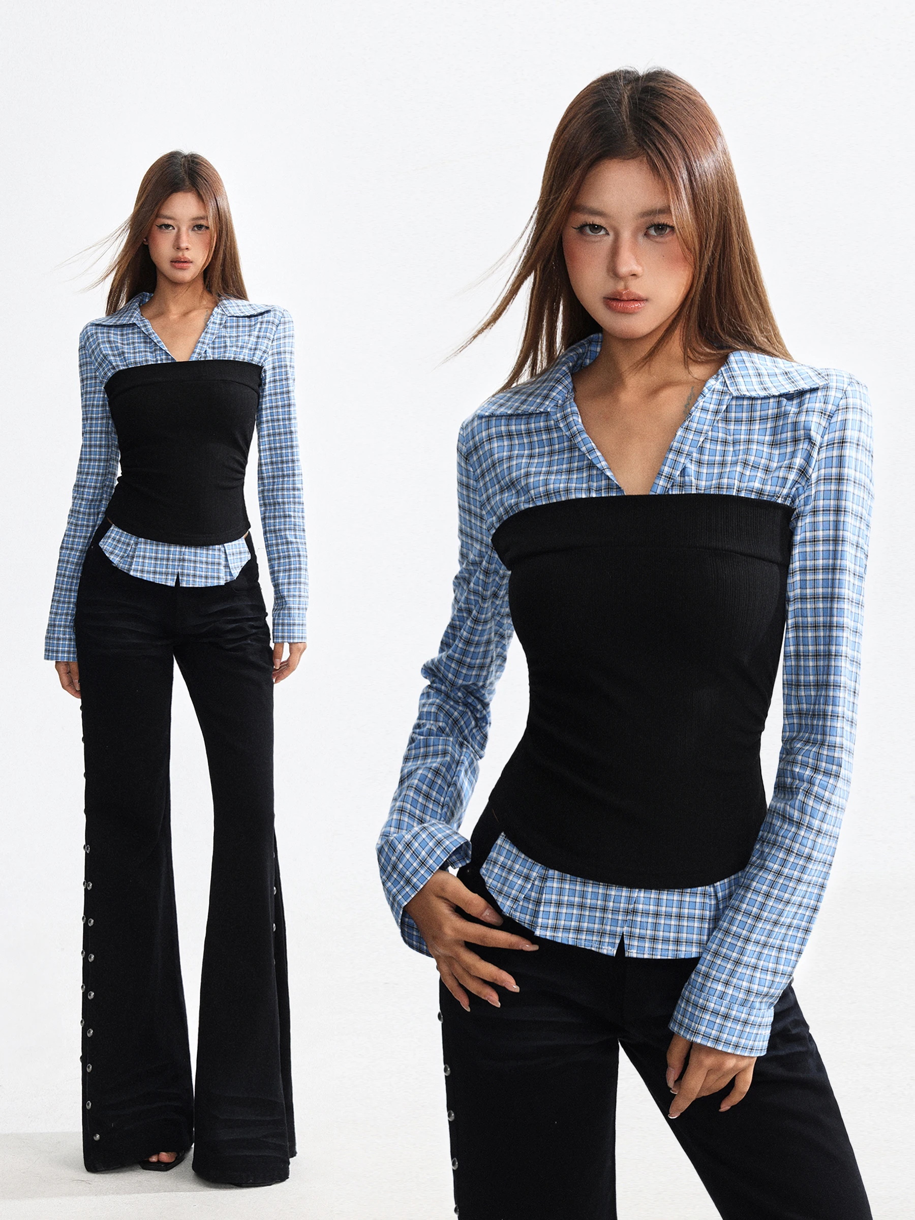 

Plaid Splice Women's Shirt Spring American Waist Cinched Short Sleeveless T-Shirt Fake Two-Piece Long Sleeve
