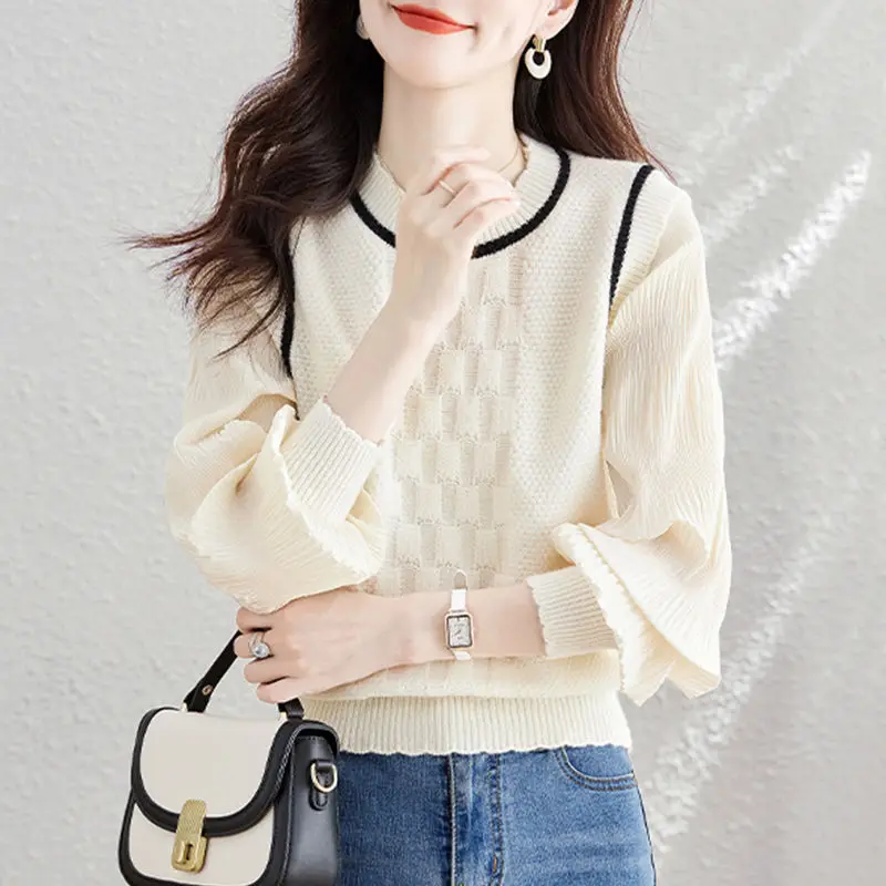 Casual Solid Color Knitted Shirt Spring Autumn Fake Two Pieces Korean Folds Loose Spliced Women\'s Bright Line Decoration Blouse