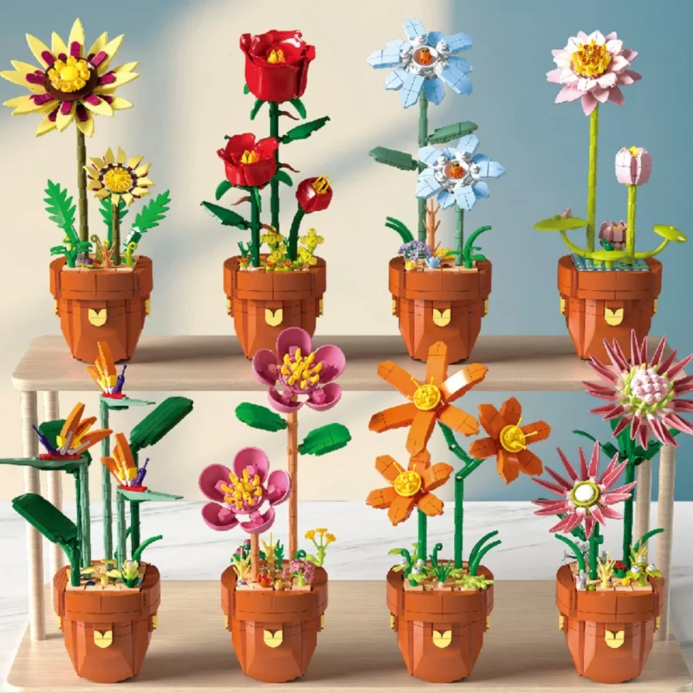 จําลอง Building Block ดอกไม้ดอกทานตะวัน Lotus Potted Plant เดสก์ท็อปเครื่องประดับตกแต่งของขวัญวันวาเลนไทน์ประกอบของเล่น