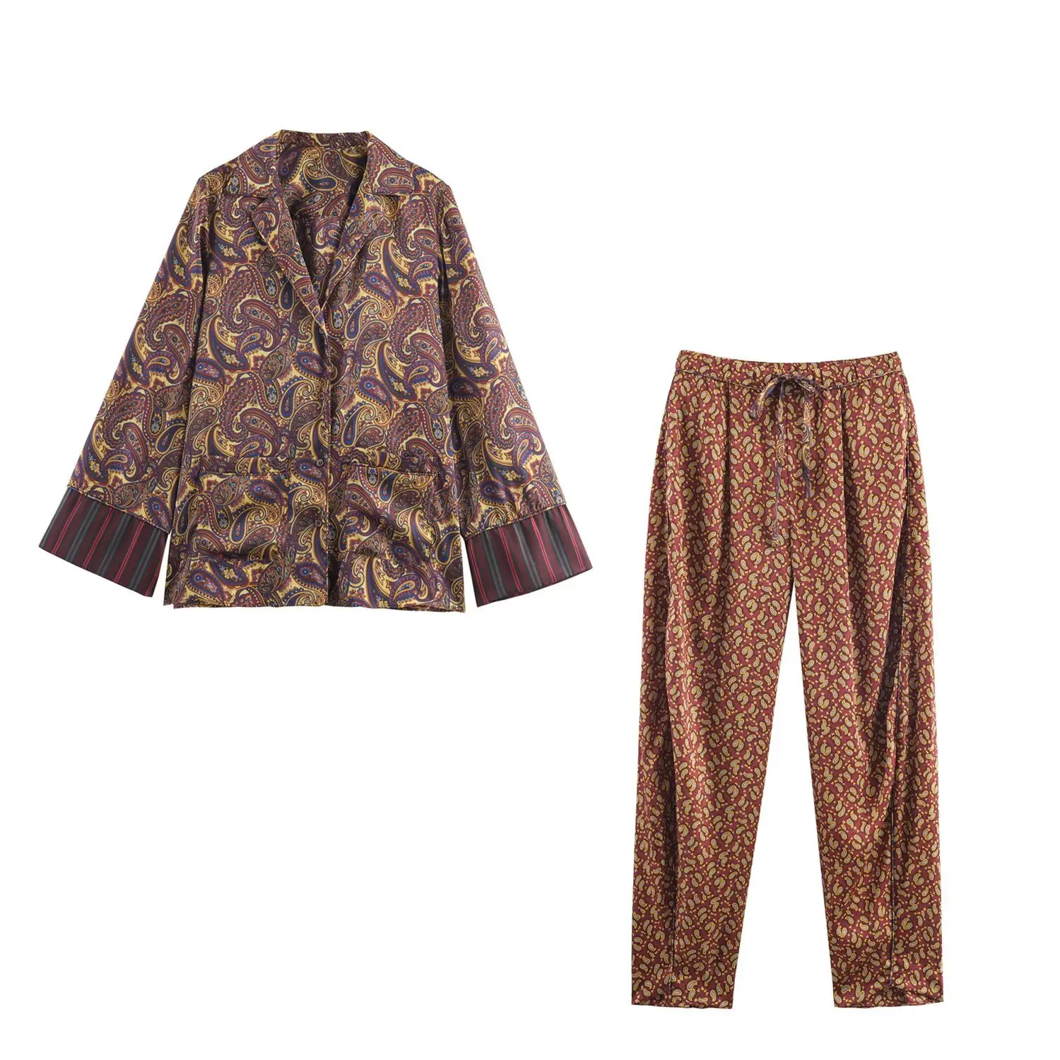 Paisley Print Shirt And Pants Set Women's Fashion Cross-Border Organic Cotton Casual Pants Elderly Women's Pure Color