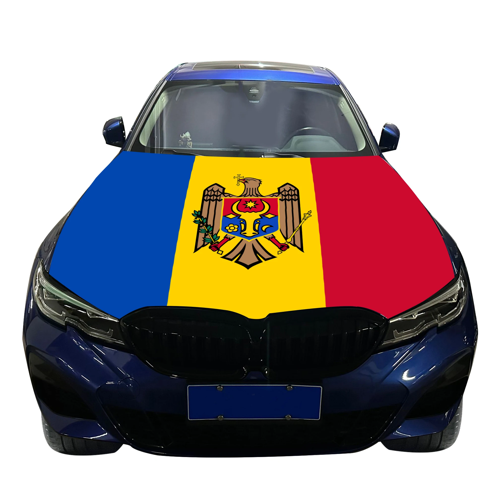 Moldova Car Hood Cover Flag  Universal Size Elastic Polyester 120x150cm for Car Decor