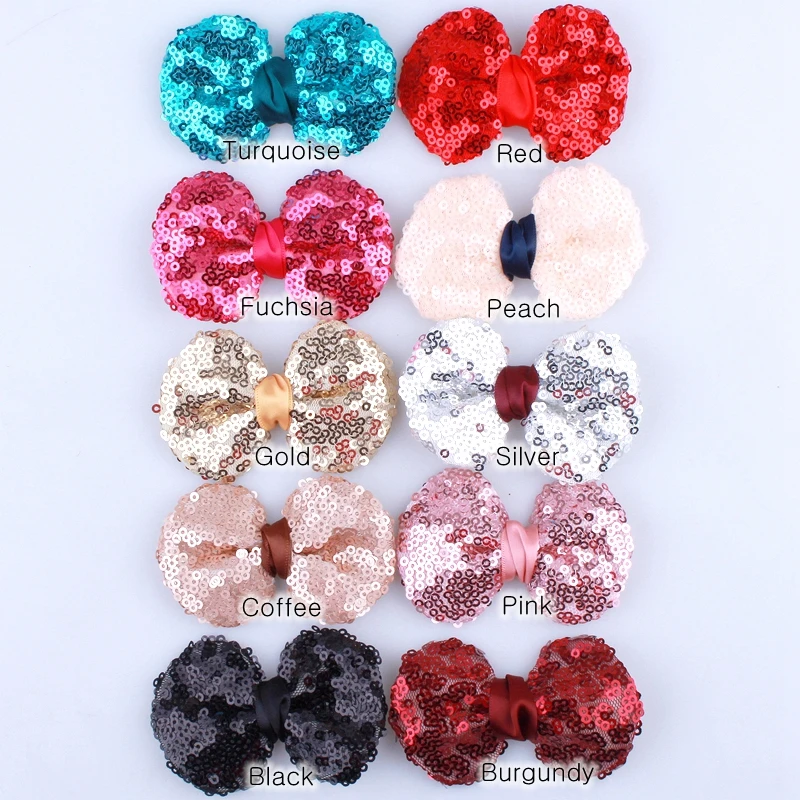 120PCS 7.8CM New Sparkling Sequin Hair Bows For Hair Ties Glitter Applique Bow Knot For Head Wear Princess