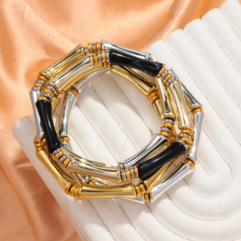 3pcs Gold Color Acrylic Bamboo Elbow Elastic Bracelets for Women Vintage Resin Thin Curved Tube Stackable Bangle Fashion Jewelry