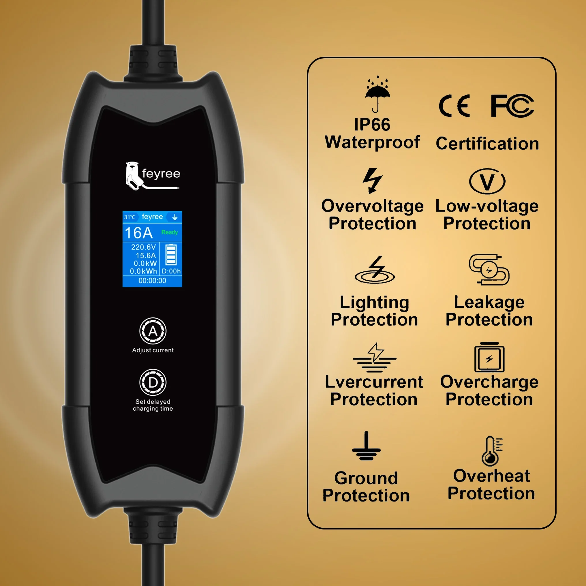 Feyree EV Charger Portable Charging Box Type2 Adjust Current  Set Current&Delay Time with Schuko Plug for Electric Car 3.5KW 16A