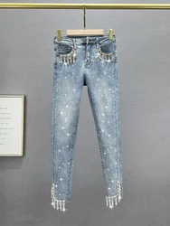 Rhinestone Tasseled Jeans Women's 2023 New Spring and Summer Elastic High Waist Slim Fit Slimming Cropped Deim Skinny Pants 2023