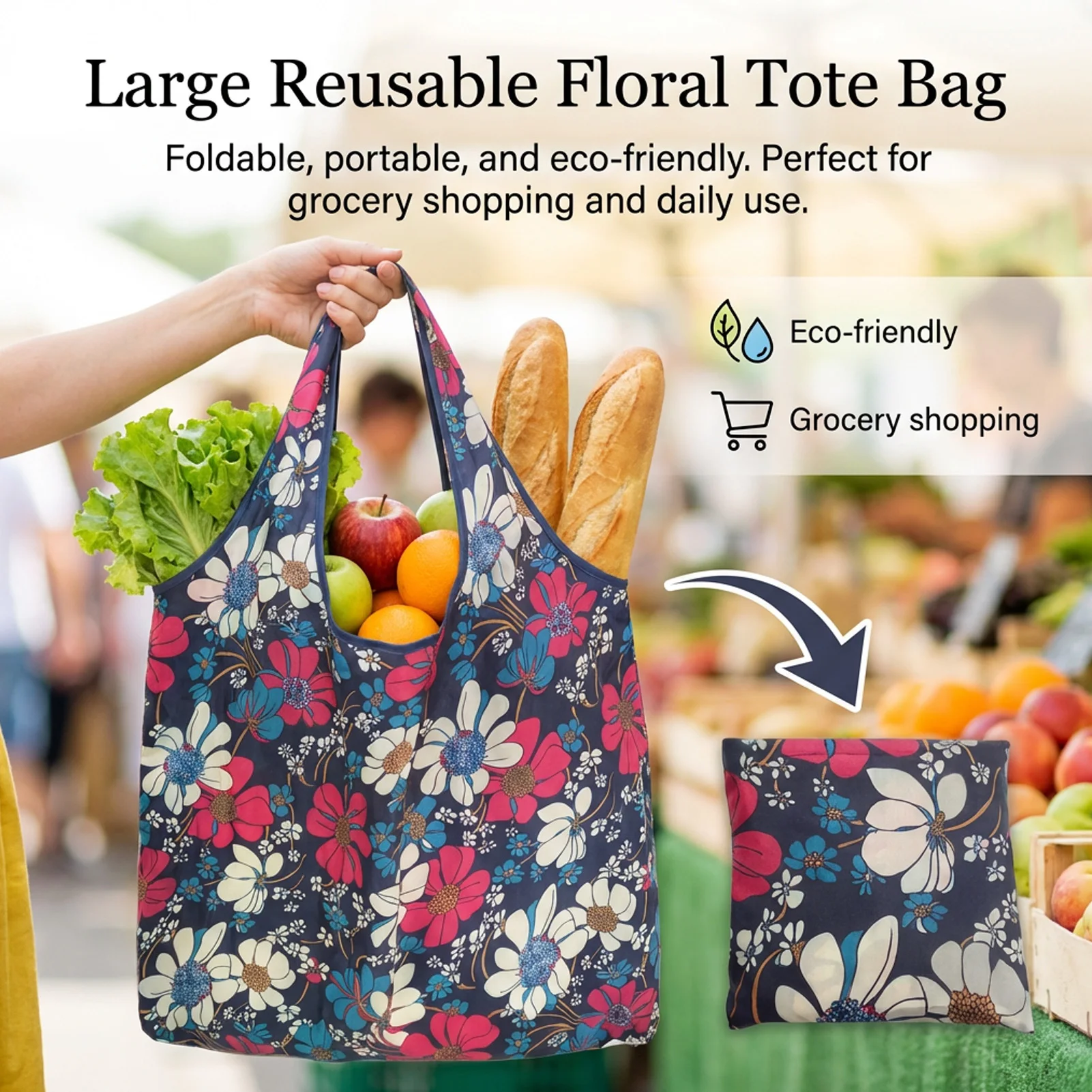 Eco-Friendly Foldable Shopping Bags Large Capacity Reusable Tote with Print Design for Grocery Store Use Portable Carry Handle