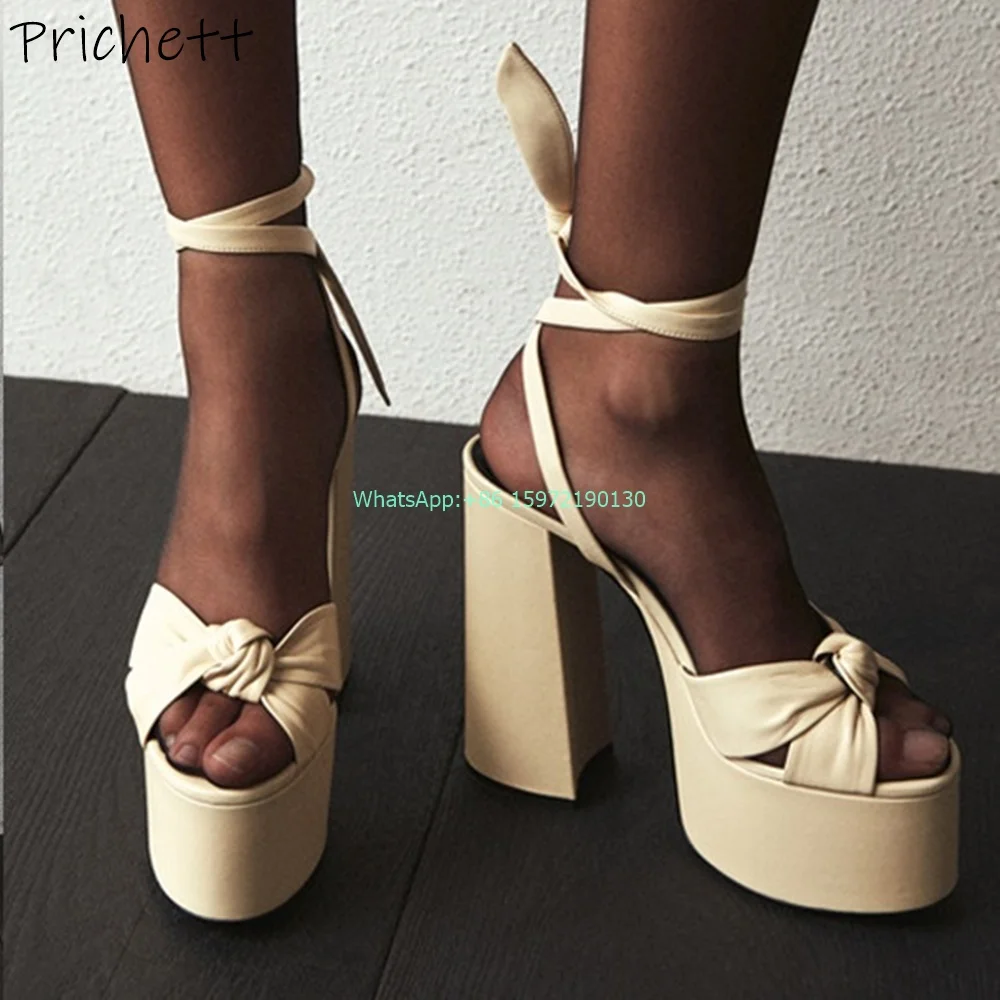 

Twist Painting Ankle Band Sandals Peep Toe Platform Chunky Heels Bows Super High Heels Shoes Summer Big Size Runway Shoes