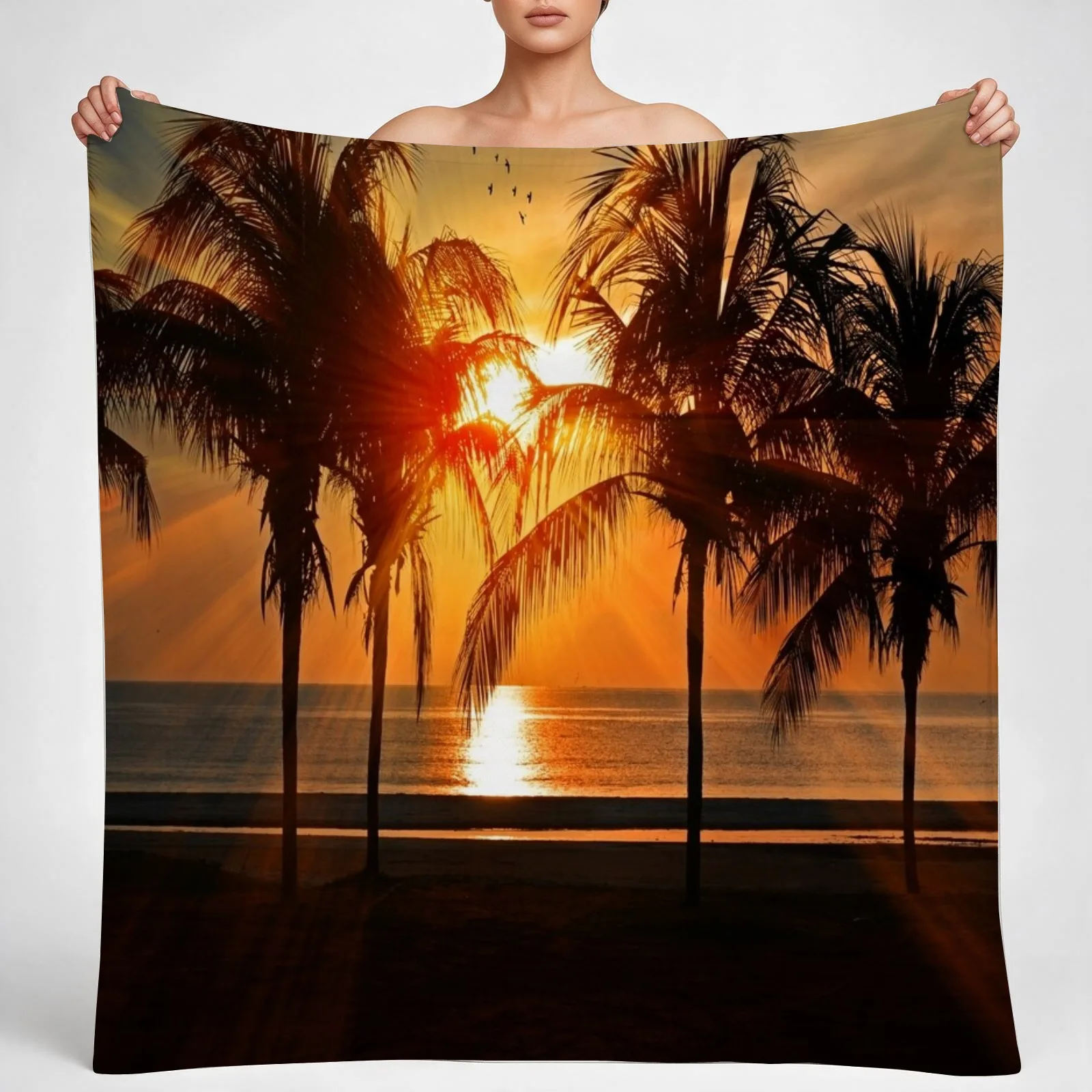 DI COLLECTION-SUNRISE OVER TROPICAL BEACH PALM TREE OCEAN Throw Blanket couch cozy soft plush fuzzy picnic outdoor blanket